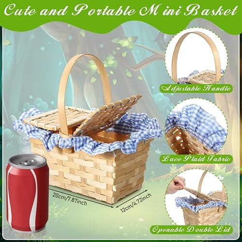 Teenyyou Mini Picnic Basket, Costume Accessory, Small Gingham Picnic Hamper for Halloween Women Costume Cosplay Accessory Hooded Cape Masquerade Dress up(Blue and White) thumbnail 3