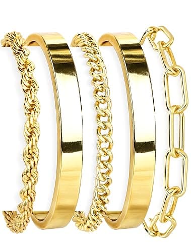Gokeey Christmas Gold Bracelets for Women Non Tarnish, 14K Gold Plated Chunky Cuff Bracelet Stackable Gold Bangles Bracelet for Women Trendy Tie Knot Cuban Rope Paperclip Beaded Bracelet Stack Jewelry Stocking Stuffer Gifts Fashion Accessories - Image 1
