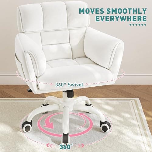 DurayLoly Home Office Chair with Wheels Soft-Touch Material,Modern Cute Vanity Chair with Back Adjustable Height Upholstered Comfy Desk Chairs with Side Pockets for Bedroom,White thumbnail 5