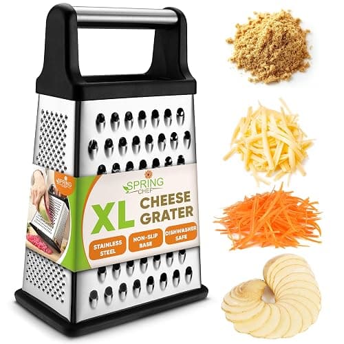 Spring Chef Professional Cheese Grater - Stainless Steel, XL Size, 4 Sides - Perfect Box Grater for Parmesan Cheese, Vegetables, Ginger - Dishwasher Safe - Black - Image 1