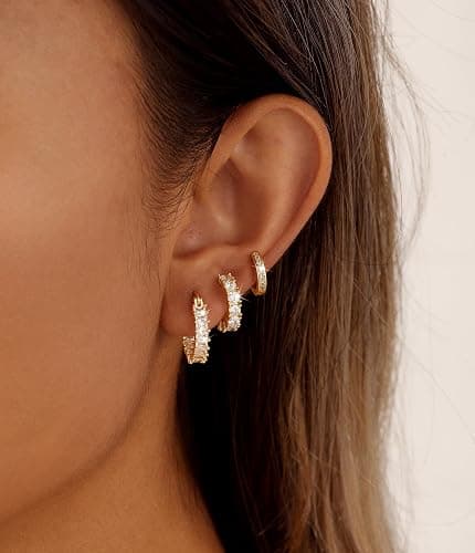CAROVO 3 Pairs Gold/Silver Hoop Earrings for Women Trendy Dainty 14K Gold Plated Cubic Zirconia Stud Earrings Huggie Hoop Earrings Stack for Multiple Piercing Jewelry thumbnail 2