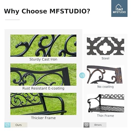 MFSTUDIO 50 Inches Outdoor Garden Bench, Cast Iron Metal Frame Patio Park Bench with Floral Pattern Backrest, Arch Legs for Porch Lawn Garden Yard(Black) thumbnail 8