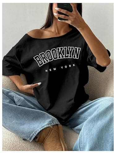 GORGLITTER Women's Off Shoulder Oversized Tee Shirts Short Sleeve Letter Graphic Vintage Streetwear Tops thumbnail 4