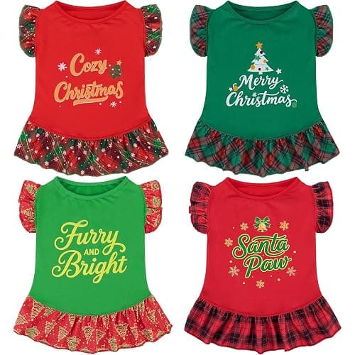 XPUDAC 4 Pack Christmas Dog Dress Plaid Puppy Clothes for Small Dogs Girl Cute Pet Outfit Doggy Apparel Cat Holiday Party Costume, Red, Green, M - Image 1