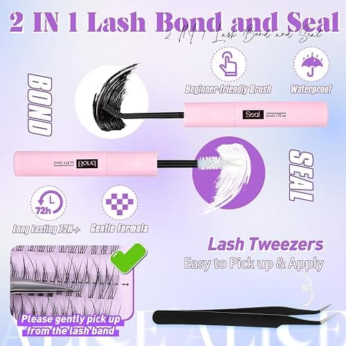 ALICE Natural Lash Clusters Kit - Clear Band Wispy Lash Extension C Curl 11-13mm 162pcs - Individual Lashes With Glue Bond, Seal, and Tweezers for DIY at Home thumbnail 3