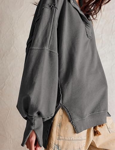 Wanzetaly Women's Oversized Sweatshirt Button Henley Neck Hoodies Long Sleeve Pullover Tops 2025 Outfits thumbnail 3