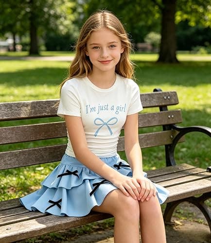 FJLSJSW Teenage Girls Skirt Set 2 Piece Short Sleeve Top Shirred Tiered Skirt Outfit Skirt for Teen Girls 7-13 Years thumbnail 3