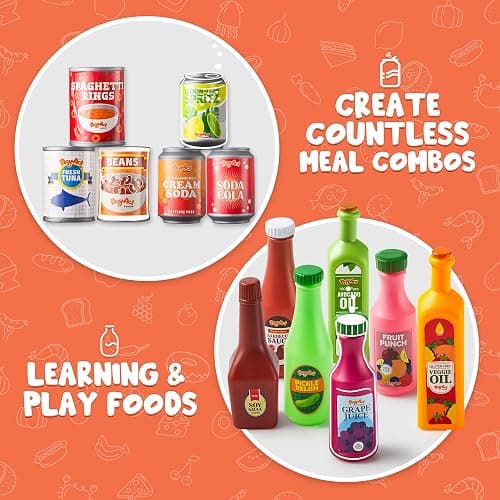 JOYIN 30Pcs Play Food Grocery Cans, Play Kitchen Accessories, Includes Drink, Juice, Jar, Seasoning, Water Bottle, Sauce, Yogurt, Ice Cream, Snack Box, Kids Gifts & Indoor Toys thumbnail 6