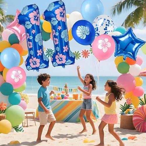 Minyu Tropical Floral Number large Balloon - 10-pack, includes hibiscus and palm leaves, pink and blue star foil, and sequined balloons, perfect for birthday party decorations. (Number 11) thumbnail 7