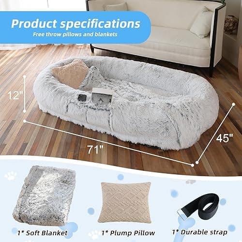 WROS Human Dog Bed - 71"x45"x12" Fits You & Pets, Washable Faux Fur, Orthopedic, Plump Pillow, Blanket, Strap - Grey thumbnail 6