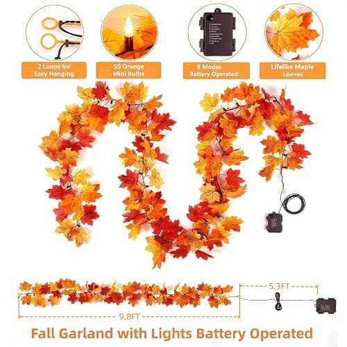 Fall Garland with Lights Battery Operated with Timer,9.8FT 50 Orange Bulbs Lighted Fall Leaves Garland,Fall Decorations for Home Thanksgiving,Halloween,Fireplace,Porch,Table Decor Indoor Outdoor thumbnail 3