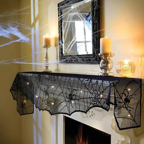 FUN LITTLE TOYS Halloween Decorations Indoor - Mantel with String Lights Lace Spiderweb Decor Inside for Home Party Supplies (18 x 96 inch) - Image 1