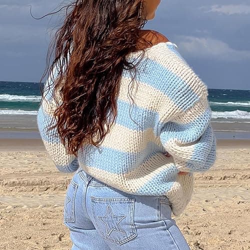 Women's Off The Shoulder Striped Sweaters Y2k Drop Shoulder Long Sleeve V-Neck Oversized Knit Pullover Tops thumbnail 6