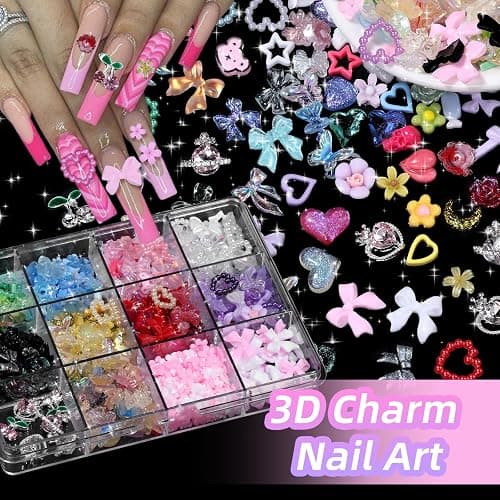 3D Nail Charms and Gems Rhinestone Cherry Heart Planet Nail Charms, Junk Case Charms, Assorted Bows Flowers Butterfly Rose Star Heart Hollow Nails Art Charms for Nails Art DIY thumbnail 3