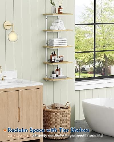 Harwaya White and Natural Tiered Wall Shelf Unit, 5 Tier Display Floating Shelves, Deep Hanging Wall Shelving Unit for Living Room Plants TV, Bedroom Books, Office Décor (White and Natural Wood) thumbnail 3