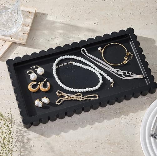 Scalloped Bathroom Vanity Tray for Countertop- Concrete Modern Industrial Minimalist Counter Vanity Organizer Tray for Dresser- Small Decorative Tray-11.8"L x 6.37"W x 1"H- Charcoal Black- Water-proof thumbnail 9