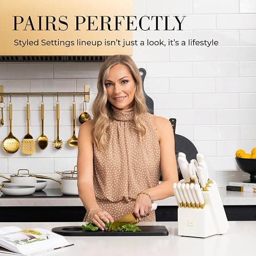 White and Gold Knife Set with Block - 14-Piece White Knife Set with Block and Built-In Sharpener – Titanium-Coated High Carbon Stainless Steel Blades - Gold Kitchen Accessories - Great for Gifting thumbnail 2