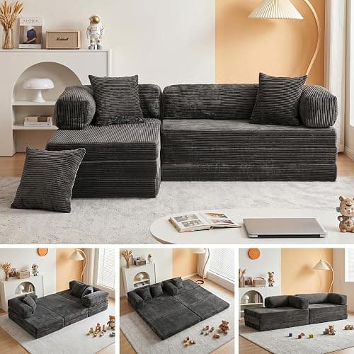 6-in-1 Boneless Couches L-Shaped Modular Sectional Sofa | Cloud Couch Sectional & Tri-Folding Mattress | Corduroy Pet-Friendly Convertible Sofa Bed with 800LB Capacity Apartment, Guest Room - Image 1