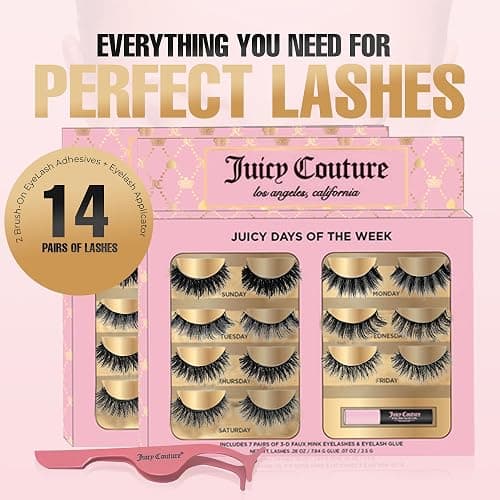 Juicy Couture 3D Faux Mink False Eyelashes - 14 Pairs with Applicator & Eyelash Glue, Wispy Natural Look, New Silky, Dramatic, Charming, Sassy & Extra Styles, Easy to Apply, Cruelty-Free & Reusable thumbnail 3