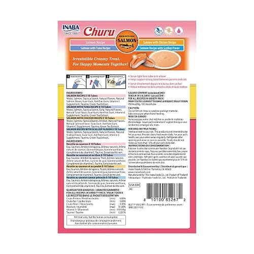 INABA Salmon Churu Cat Treats, Lickable, Squeezable Creamy Purée Cat Treat with Green Tea Extract & Taurine, 0.5 Ounces Each Tube, 40 Tubes, Salmon Variety Box thumbnail 9