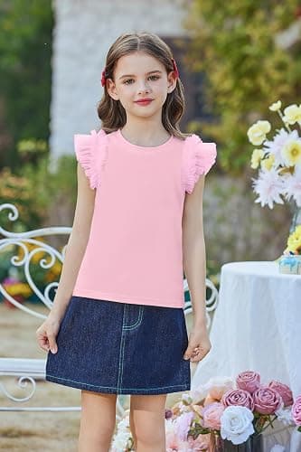 Arshiner Shirts for Girls with Mesh Flying Short Sleeve Crewneck Casual Summer Kids T Shirt Blouse Tops Tee thumbnail 3