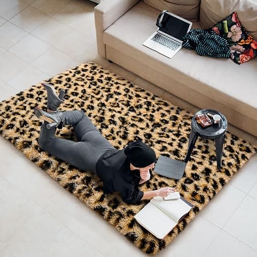 Amearea Fluffy Leopard Rug, Premium Cheetah Print Rugs, Soft Comfy Faux Fur Animal Print Carpet for Kids Room Bedroom, Living Room, Shaggy Teen Room Home Decor, Khaki 3x5 Feet thumbnail 3