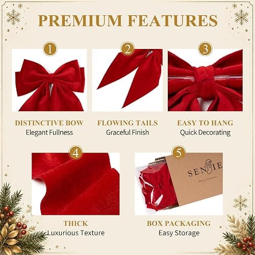 Large Christmas Bows, Velvet Bows for Xmas Tree Topper Garland Wreath Decor | 12" x 8" Red Christmas Tree Topper Bows Velvet Ribbon Bows Ornaments for Gift Wrapping Staircase Mantel Door DIY 6PCS thumbnail 5