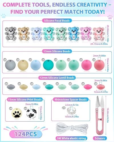 124PCS FIVEIZERO Silicone Focal Beads for Keychain Making, Animal Bear, 15mm Round 12mm Lentil & 10mm Rhinestone Beads for Pens, Bracelets & Crafts with Elastic Cord & Scissors thumbnail 3