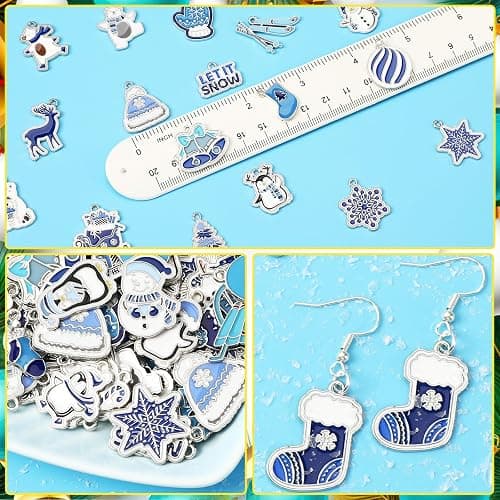 SANNIX 110Pcs/55 Pairs Christmas Winter Charms, Winter Charms for Jewelry Making, Assorted Snowflake Penguin Snowman Polar Bear Gold Enamel Charm Pendants for DIY Bracelet Necklaces Earrings Craft thumbnail 2