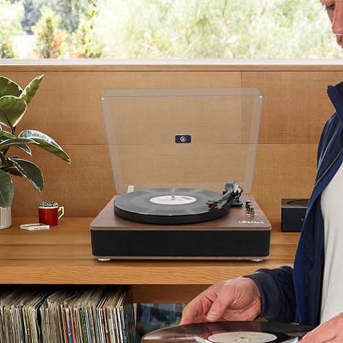LP&No.1 Record Player with Stereo Speakers, 3-Speed Belt-Drive Turntable for Vinyl Records with Wireless Playback and Auto-Stop,Walnut Wood thumbnail 8