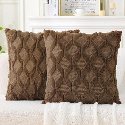 WHATWEARS 18" x 18" Decorative Throw Pillow with Inserts, Set of 2 Soft Faux Fur Throw Pillows, Square Boho Pillow for Couch, Bed, Sofa Decor, Coffee - Image 1