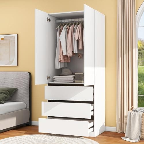 LABROSKIA Wooden Wardrobe Closet with 2 Doors: 75" Bedroom Armoire Wardrobe Closet with 3 Drawers, White Cabinet with Hanging Shelves, Large Storage Cabinet (Modern, 1) thumbnail 3