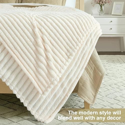 decorUhome Christmas Soft Fleece Cream White Throw Blanket for Couch, Cozy Fluffy Plush Flannel Striped Blanket for Sofa Bed, Lightweight Decorative Ribbed Fuzzy Blanket for Woman, 50x60 Inches thumbnail 7