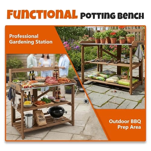 Outdoor Potting Bench Table, Indoor Wooden Work Station with Metal Table Top, Metal Hooks, Large Shelves, Heavy-Duty Gardening Workbench for Garden, Backyard, Patio, BBQ Prep Station, Easy Assembly thumbnail 4