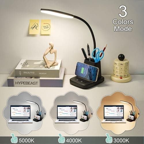 Sailstar LED Desk Lamp with 10W Wireless Charging & Pen Holder, Black | CRI 95, 800LM, Stepless Dimming, 3 Modes, 360°Flexible Arm, Touch, Study Table Lamp for Home Office, Dorm Room, with Adapter thumbnail 3