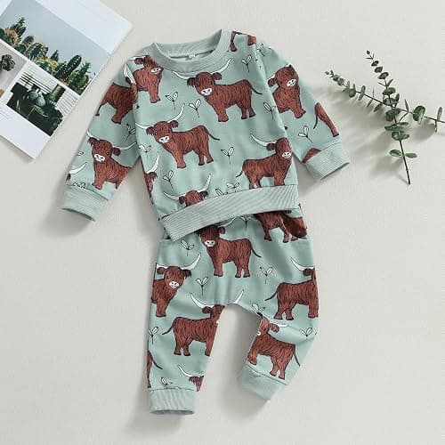KtwHarnu Western Baby Boy Girl Outfit Cow Print Long Sleeve Crewneck Sweatshirt Elastic Waist Pants Set Fall Winter Clothes thumbnail 3
