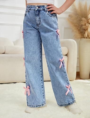 Feuoive Girls Baggy Jeans Wide Straight Leg Elastic High Waisted Denim Pants Fashion Y2k Boyfriend Skater Streetwear 7-14Y thumbnail 2