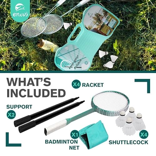 ENOVI EasyGo Badminton Set, with Net, 4 Racket, 4 Birdies, Portable Storage Box, for Backyards, Outdoor Games, Yard Games thumbnail 2