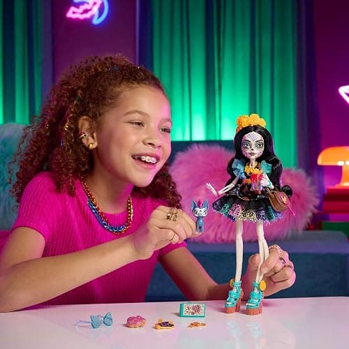 Monster High Skelita Calaveras Doll | Skeleton in Colorful Papel Picado Dress with Pet Dog Candelita & 7 Accessories like Sketch Book, Snack & Messenger Bag, JHK34 thumbnail 2