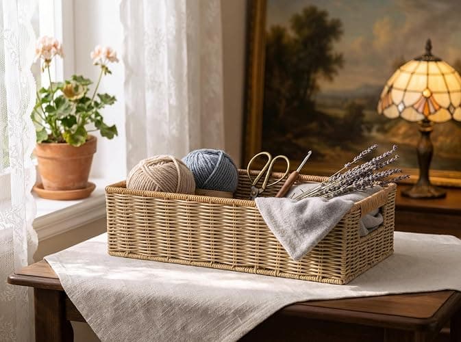 Rectangular Toilet Paper Baskets, 16 ¼"L x 6 ¾"W x 4 ½"H Nesting Plastic Wicker Basket with Built-in Handles, Woven Long Narrow Baskets for Pantry Bathroom Toilet Tank Top Countertop, 2 Pack thumbnail 2