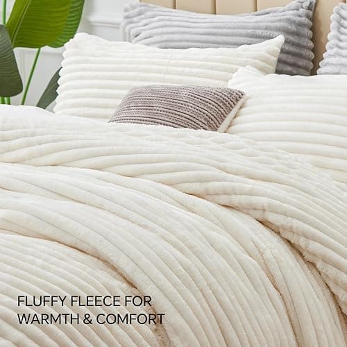 BEDELITE Fleece King Comforter Set -Super Soft & Warm Fluffy Cream White Bedding, Luxury Fuzzy Heavy Bed Set for Winter with 2 Pillow Cases thumbnail 6