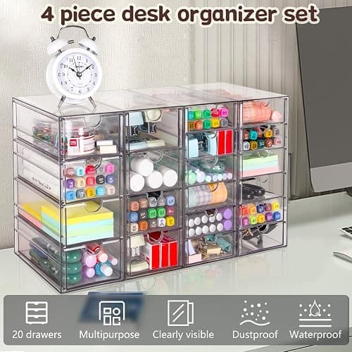 VZKAH Clear Acrylic Desk Organizer with 20 Drawers, 4 Modular Units | 4-piece clear drawer set for office supplies, crafts, makeup, and small daily items on desks, vanities, counters thumbnail 7