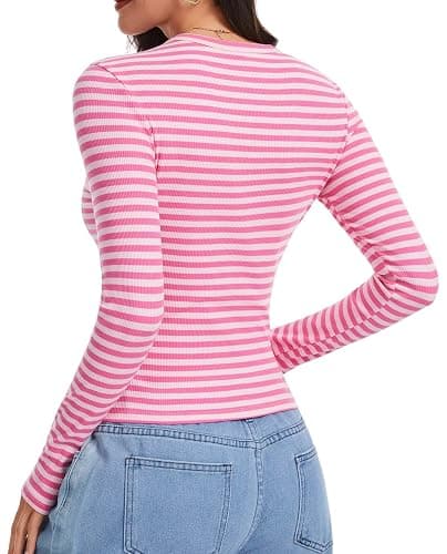 Eyanse Ribbed Long Sleeve Tops for Women,Stretch Striped Shirt Slim Fit Tee thumbnail 6