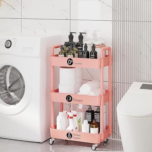 Laiensia 3-Tier Rolling Cart with Wheels,Multifunction Utility Storage Carts, Kitchen Storage Organizer,Mobile Shelving Unit for Bathroom,Laundry,with Classified Stickers,Pink thumbnail 6