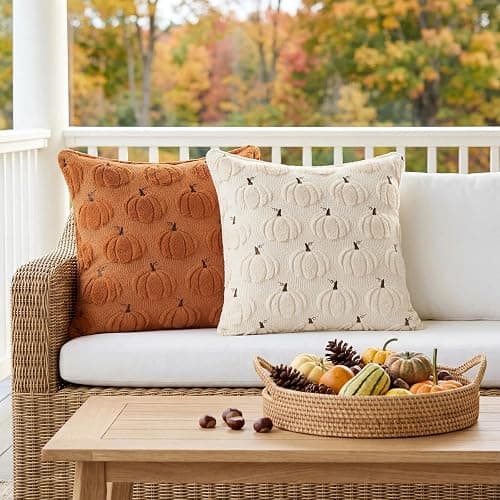 Softalker Fall Throw Pillow Covers 18x18 Set of 2 Rust Orange Pumpkin Decor | Double-Sided plush comfort with raised Autumn pumpkin embroidery, designed for couch sofas, bedrooms, and home decorations. thumbnail 7