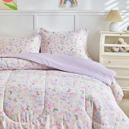 Joyreap 3pcs Floral Cotton Comforter Set for Girls, Pink Purple Flowers on Light Khaki Design, Twin Size Soft n Cozy Bedding Comforter Set for All Season- 68x88 inches thumbnail 4