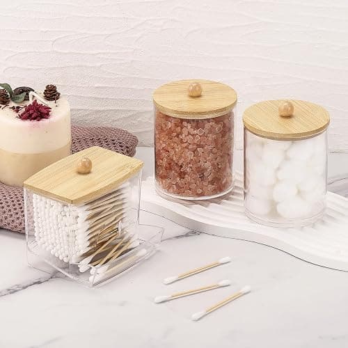 Tbestmax Qtips Dispenser Bathroom Container, 10/12 oz Cotton Ball Holder, Apothecary Jar Organizer for Storage Cotton Swab, Floss Picks (Bamboo Lids) thumbnail 2