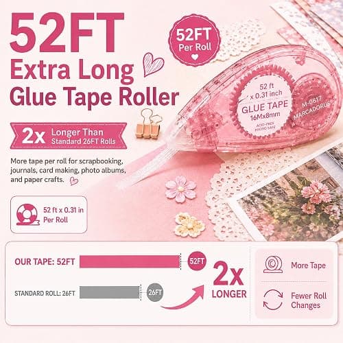 MARCADORUS Double Sided Tape Roller, Scrapbook Glue Tape 6 Pack, Extra-Long | 52 Ft x 0.31 In Each, 312 Ft Total; Permanent, Acid-Free, Photo-Safe Tape for Scrapbooks, Journals, Cards & Crafts thumbnail 2