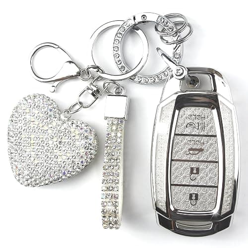 YIKECASE Key Fob Cover with Diamond Keychain Car Key Holder Compatible with Hyundai Kona Santa Fe Palisade Elantra GT Veloster Smart Remote Protector for Women, 4 Buttons (Silver-Heart) - Image 1