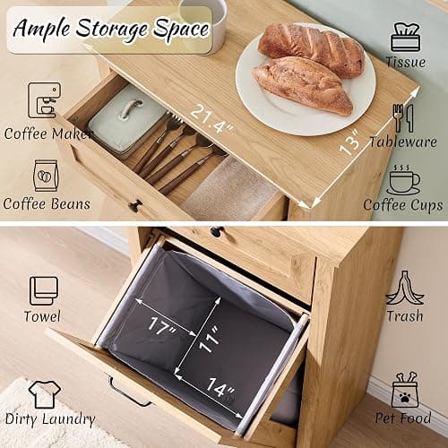 IFBUY Tilt Out Laundry Hamper Cabinet, Trash Can Cabinet, Natural | 10 Gallon Farmhouse Trash Cabinet w/Drawer, Hidden Wood Garbage Can Cabinet w/Laundry Storage Basket for Bathroom, Kitchen thumbnail 3